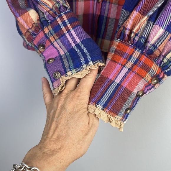 Free People Bexley Balloon Sleeve Plaid Top Relaxed Oversize Fit XS Button Front - Picture 10 of 16